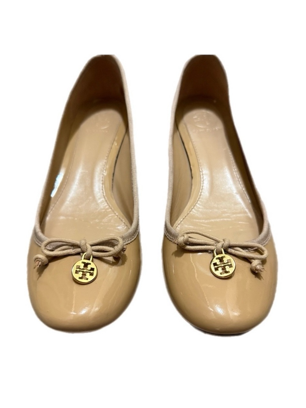 Tory Burch Nude Patent Leather Logo Charm Ballet Flats